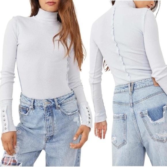 Free People Jojo Long Sleeve Thermal Top Tee in Iced Water NEW Raw Hem Grunge - Picture 1 of 14